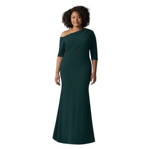 BETSY & ADAM “Madeline” Long Scuba Crepe Off The Shoulder Drop Dress, Green, 22W